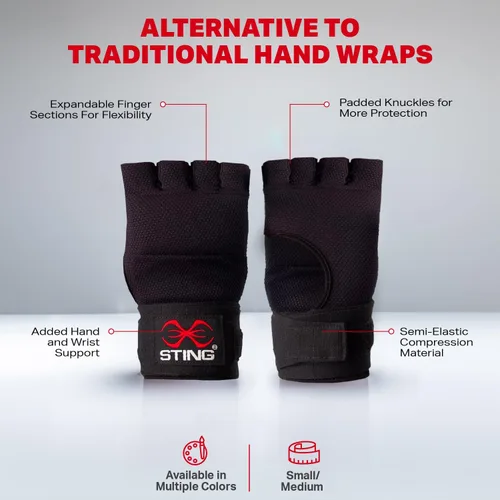 Vista 3 de STING Guantes elásticos de boxeo rápido, color negro, pequeño, tela de compresión semielástica con sección acolchada de nudillos, paneles de dedos