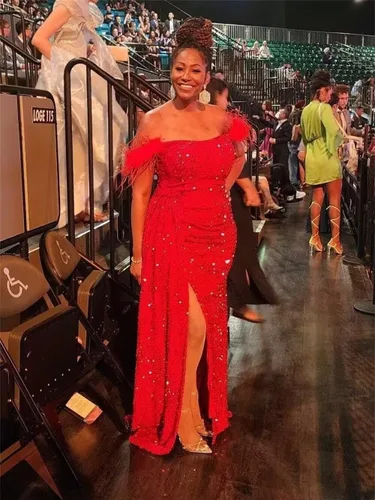 Vista 3 de Vestidos de fiesta de lentejuelas con hombros descubiertos, vestido formal de sirena brillante, vestido largo de fiesta de noche con abertura