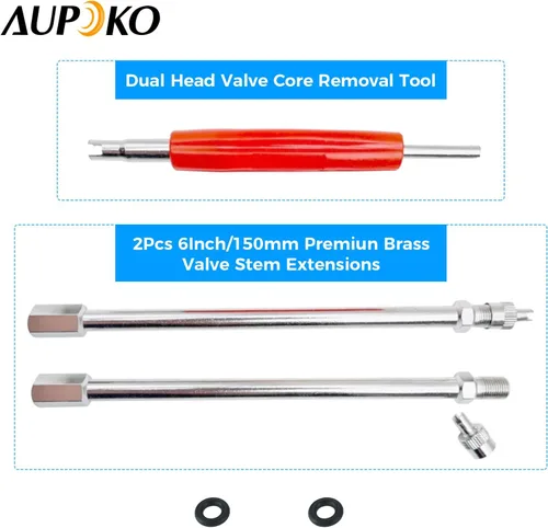 Vista 2 de Aupoko Extensores de vástago de válvula doble de 6 pulgadas, resistente, incluye herramienta de extracción de núcleo de válvula, extensiones