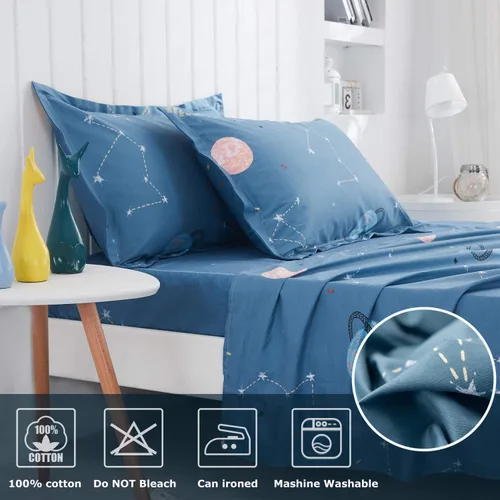Vista 3 de FADFAY Planet Star Constellation - Juego de sábanas de 100 % algodón con estampado de luna de meteorito y universo, tamaño Queen, para niños