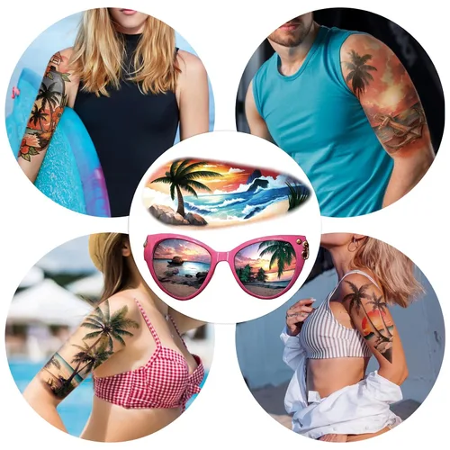 Vista 3 de 77 hojas de tatuajes temporales para mujeres y hombres, 17 hojas de tatuajes falsos de medio brazo de flores de playa, calaveras, atardeceres, 60