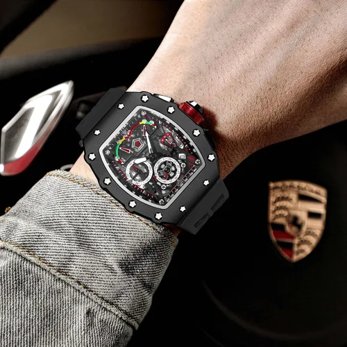 Vista 4 de Tonneau - Relojes de vestir punk, únicos, para hombre, impermeables, analógicos, deportes, trabajo, hombre, reloj de pulsera luminosa de silicona, L