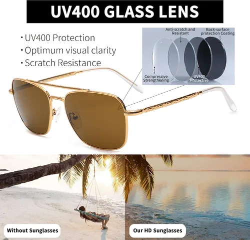 Vista 4 de JIM HALO Gafas de sol retro cuadradas estilo aviador con lente de cristal de alta calidad, gafas planas de metal para hombres y mujeres