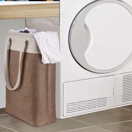 Vista 2 de Cesta de ropa sucia con asas beige y marrón, cesta de lavandería delgada plegable, cesta de ropa sucia estrecha, bolsa de lavandería plegable, cesto