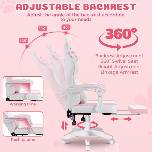 Vista 8 de HOFFREE Silla de juegos rosa para niña, linda silla de computadora de Rosa + blanco