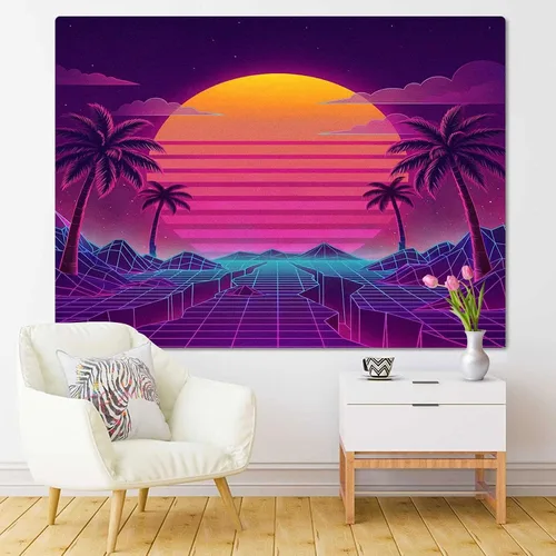 Vista 2 de TOMPOP Tapiz retro futurista de neón paisaje de los años 80 digital Cyber 80S Party Sci Decoración del hogar para colgar en la pared para sala
