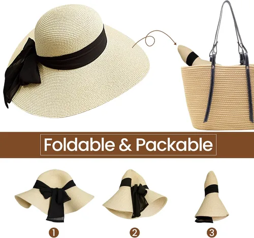 Vista 5 de Roniky Beach Sun Hat for Women Bow-Knot UV UPF 50+Travel Foldable Wide Brim Straw Hat
