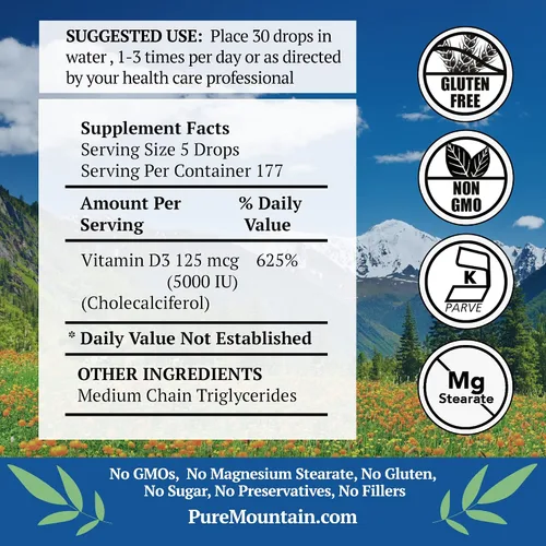 Vista 3 de Pure Mountain Botanicals Gotas líquidas de vitamina D3 de 5000 UI (125 mcg) - Gotas Kosher D3 en aceite MCT, sin OMG, sin gluten, sin sabor, 177
