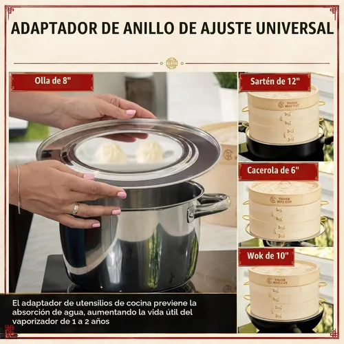 Vista 7 de Dumpling - Vaporera de Bambú de 10 Pulgadas, Canasta de Madera de 2 Niveles con Mango, Adaptador de Anillo, Forro de Silicona Reutilizable, Kit