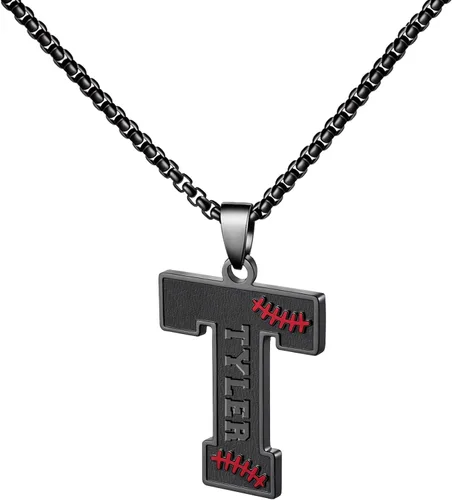 Vista 20 de Ldurian Collar personalizado con nombre de béisbol, cadena negra de acero inoxidable, collar con nombre deportivo, letra A-Z de 24 pulgadas, regalos