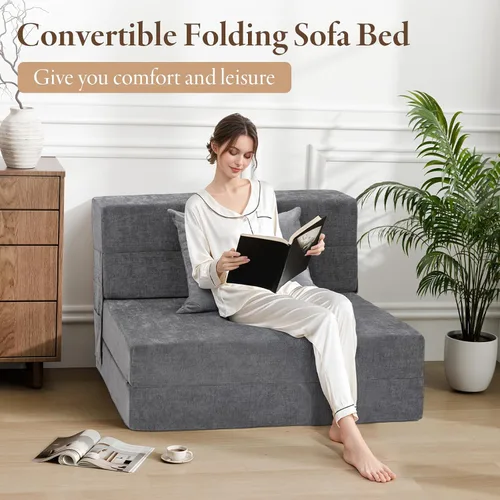 Vista 3 de HOMFINE Sofá cama plegable - Silla cama convertible con cojín, sofá desplegable, colchón de espuma viscoelástica para piso, sofá futón, sofá