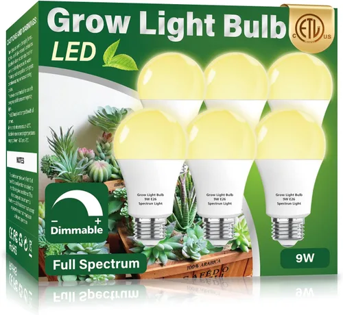 Vista 6 de Paquete de 3 Bombillas de Luz de Crecimiento de Espectro Completo, Luz A19 para Plantas de Interior, Bombilla de Crecimiento de 9W Regulable E26