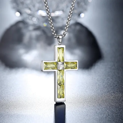 Vista 45 de Collar de cruz para hombre, piedras preciosas de color piedra natal de circonita cúbica, collar de acero inoxidable para hombre, cadena de 24