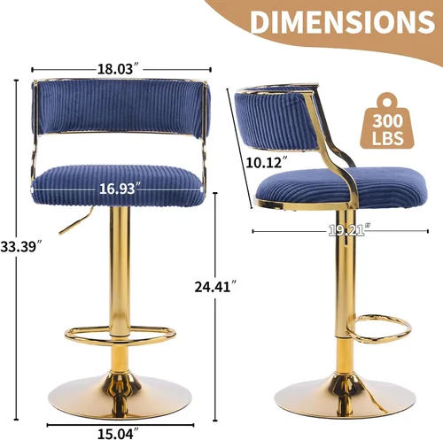 Vista 3 de VINGLI Juego de 2 taburetes de bar de altura de mostrador, modernos taburetes de bar giratorios ajustables de terciopelo con respaldos huecos, patas