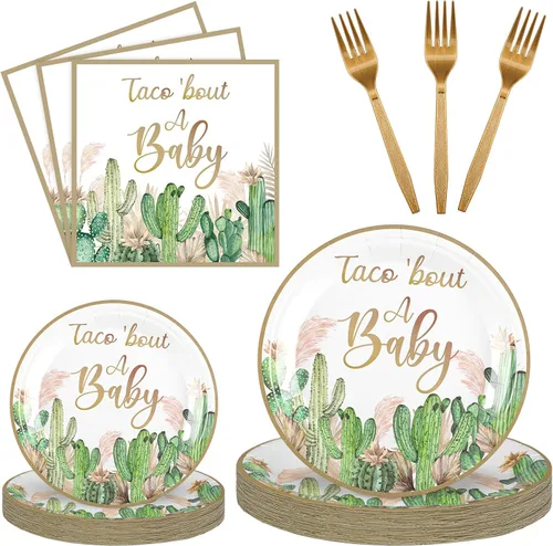 Vista 7 de Sunnyray 96 platos y servilletas para baby shower, suministros de decoración de fiesta, baby shower, platos de postre, servilletas y tenedores