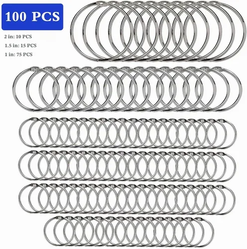 Vista 2 de 100 anillos para libros, varios tamaños (1, 1.5, 2 pulgadas) para escuela, aula, oficina