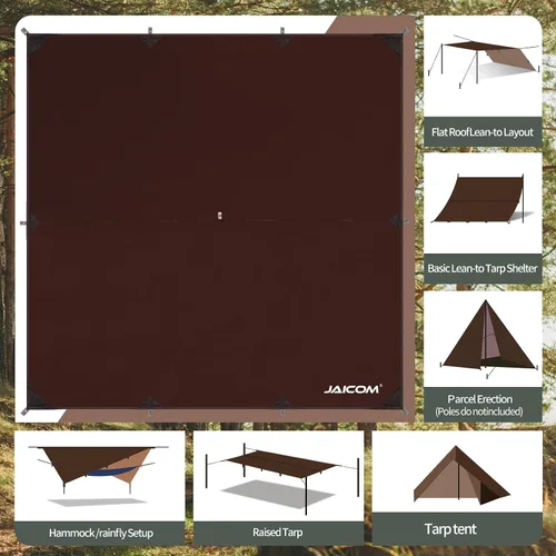 Vista 3 de JAICOM Lona Impermeable para Acampar - Toldo para Lluvia de Hamaca de 10X10 pies, Ultraligera y Portátil con Protección UV, Lona para Mochilero