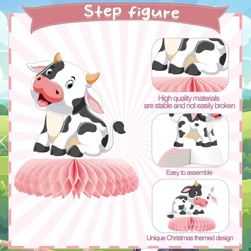 Vista 9 de 9 piezas de centro de mesa de nido de abeja de vaca rosa, animales de granja, vaca, nido de abeja rosa, fiesta temática de panal de abeja 3D