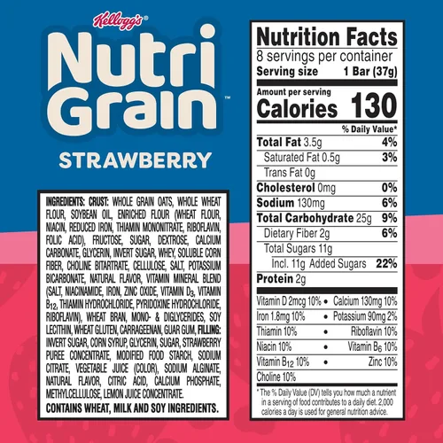 Vista 2 de Barras de desayuno Nutri-Grain, hechas con granos enteros de 0.35 oz, barras de aperitivos, fresa, caja de 10.4 onzas (8 unidades)