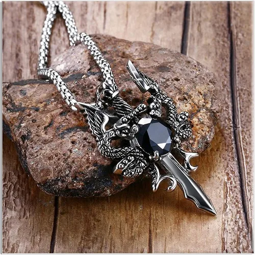 Vista 5 de Xusamss Collar de espada con colgante de cristal de dragón de acero de titanio punk, cadena de eslabones de 24 pulgadas