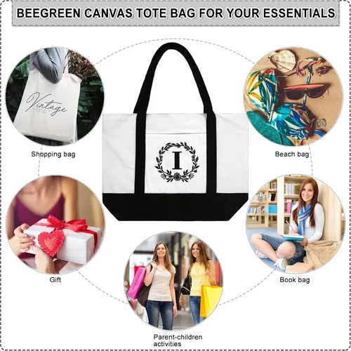 Vista 6 de BeeGreen - Bolsa de lona con iniciales de 12 onzas con bolsillo interior con cremallera, bolsillo frontal para la playa, escuela con bordado