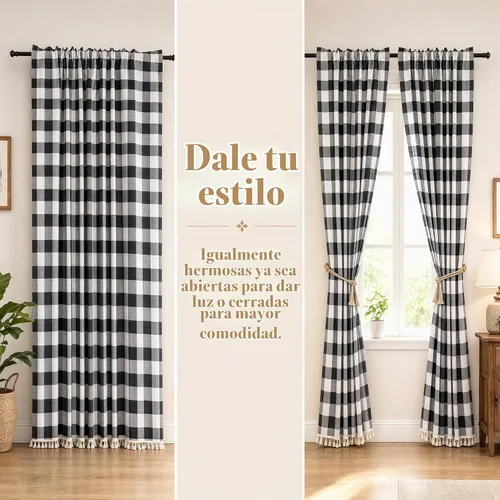 Vista 5 de ShinyBeauty Cortinas de cocina a cuadros negros de búfalo 2 paneles de cortinas opacas con borlas y bolsillo para barra, cortinas opacas de 63
