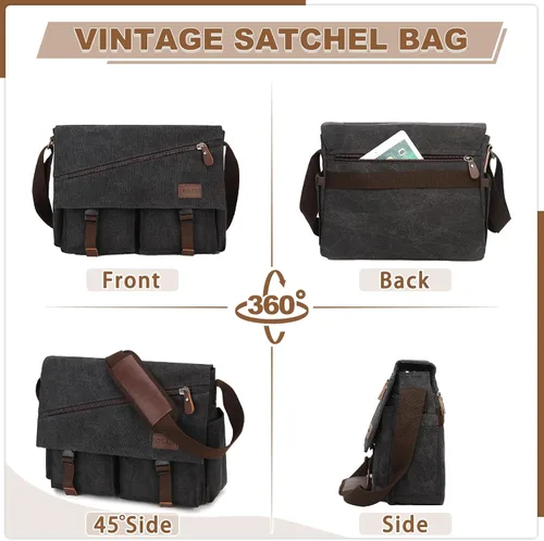 Vista 5 de RAVUO Bolso de mensajero para hombre, bolsa de lona resistente al agua de 14, 15.6, 17 pulgadas, maletines para laptop, bolsa de hombro para negocios