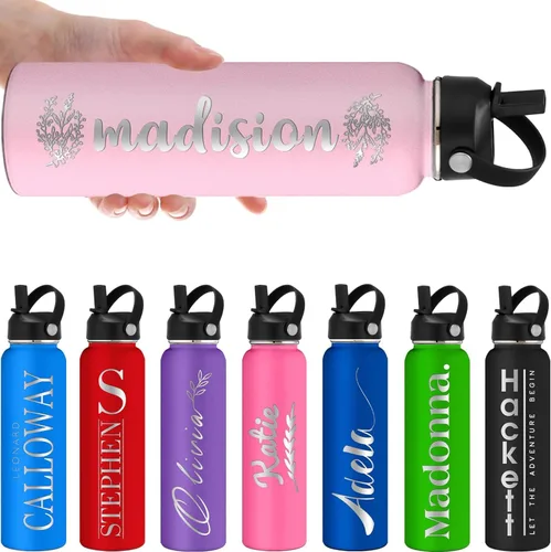Vista 9 de Botellas de agua personalizadas con tapa de pajilla, botella de agua personalizada de 24 onzas, botella de agua aislada con grabado láser con Morado