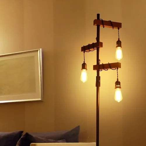 Vista 9 de Lámpara de pie industrial regulable, lámpara de pie de árbol de granja, lámpara de pie de madera de 68 pulgadas, 3 luces, base resistente, luz
