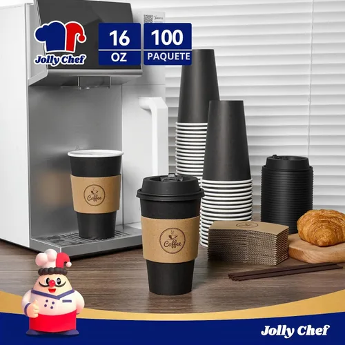 Vista 4 de JOLLY CHEF - Tazas de café negras de 16 onzas con tapas, mangas y Negro-16oz