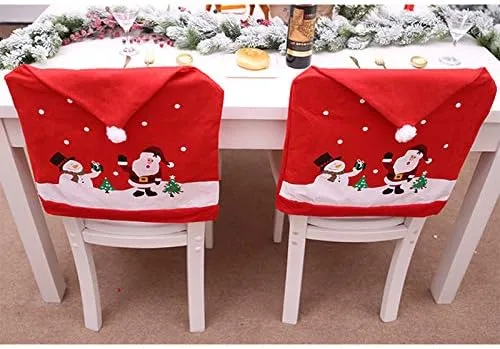 Vista 2 de Ewer Funda para silla con gorro de Papá Noel, 6 fundas de silla de Navidad, decoración no tejida, muñeco de nieve rojo, cubierta trasera para silla