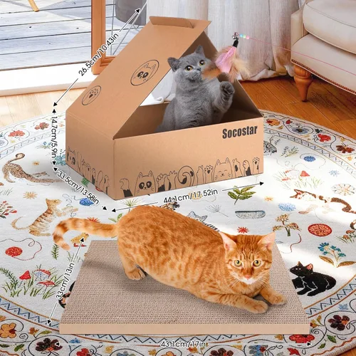 Vista 3 de Cama rascador de cartón para gatos de 27.6 pulgadas, sofá rascador extragrande para gatos de interior, caja de rascar tumbona con juguete de varita