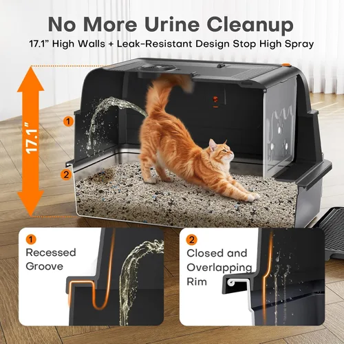 Vista 3 de CATLIKE XXXL - Caja de arena de acero inoxidable para gatos, 3 capas de orina a prueba de fugas, diseño cerrado con filtro de carbón para Maine Coon