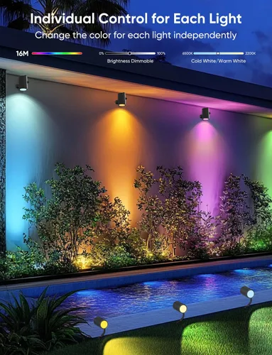 Vista 2 de APPECK Foco inteligente para exteriores de 600 lm, RGBCW+IC luces de paisaje que cambian de color, paquete de 2 unidades, iluminación de paisaje