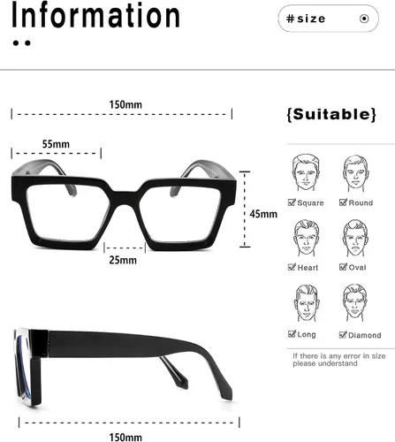 Vista 5 de Pro Acme Gafas cuadradas de gran tamaño con luz azul para hombres y mujeres, a la moda, rectangulares, con marco grueso, UV400, gafas falsas