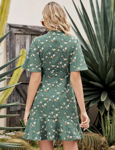 Vista 6 de Vestido casual de manga corta con cuello en V para mujer, con lazo en la cintura, vestido corto floral para boda