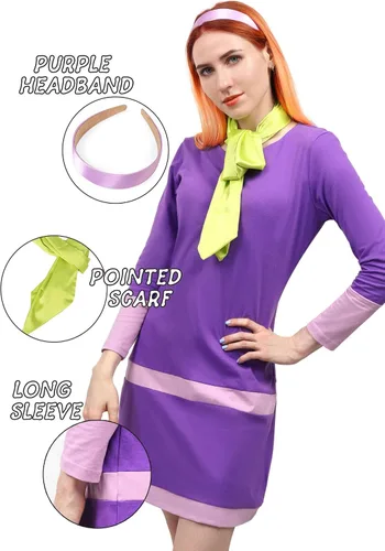 Vista 3 de DAZCOS Disfraz de anime para mujer, talla estadounidense, con bufanda y diadema, color morado