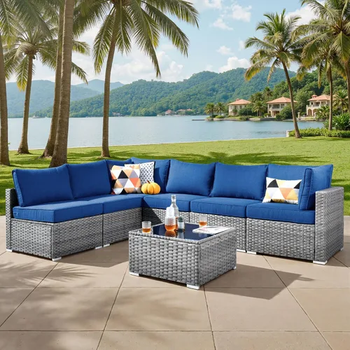 Vista 11 de ovios Juego de muebles de patio al aire libre de 5 piezas con mesa de café, conjunto seccional de muebles de patio con sofá de mimbre para todo tipo