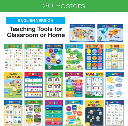 Vista 4 de 20 Carteles Educativos Grandes para Niños Pequeños (16.5x12 pulgadas Doble Cara Inglés/Español) Alfabeto Colores Letras Números Formas Meses Días