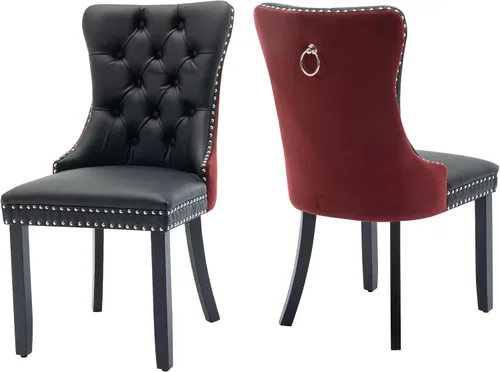 Vista 102 de Juego de 2 sillas de comedor de terciopelo, silla de comedor tapizada de alta gama con tirador de anillo en la espalda, adorno de clavos y patas