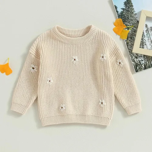 Vista 2 de Suéter de punto para bebé niña, con bordado floral, cuello redondo, manga larga, suéter de punto, ropa cálida para otoño e invierno
