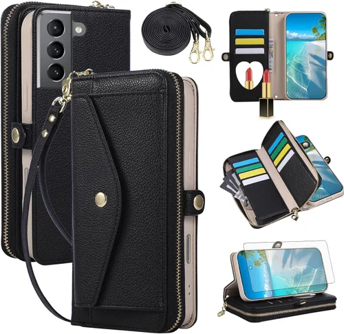 Vista 11 de Asuwish Funda de teléfono para Samsung Galaxy S23 5G con cremallera, funda para celular con protector de pantalla, correa para el hombro, espejo