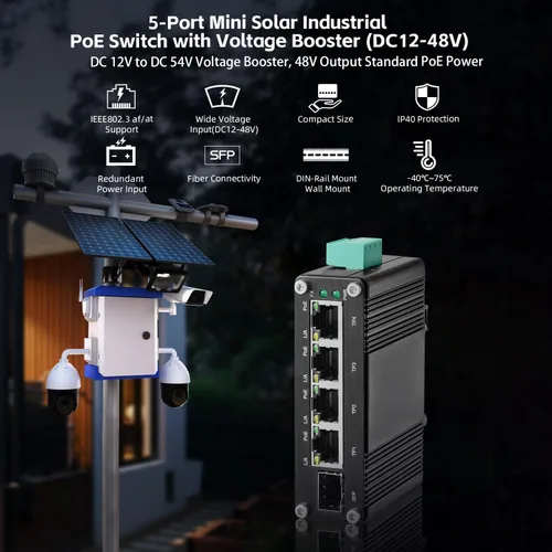 Vista 2 de MokerLink Interruptor PoE industrial de 5 puertos Gigabit con batería solar UPS, entrada DC9V-54V a salida DC48V, IEEE802.3af/at PoE, tamaño mini