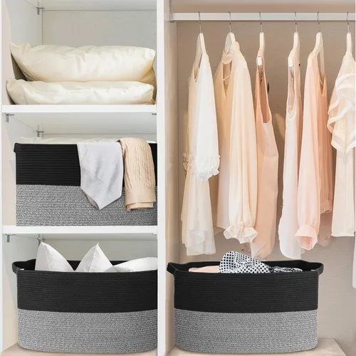 Vista 8 de MEGASKET Cestas de almacenamiento extra grandes, cestas negras de 22 x 17 x 12 pulgadas para organizar, cesta tejida rectangular para mantas