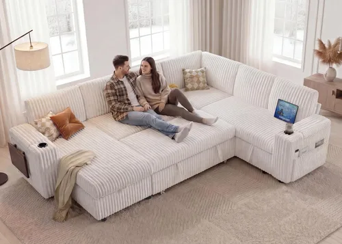 Vista 5 de WEUP Sofá cama modular de 111 pulgadas con cama extraíble, sofá de pana de felpa en forma de L de 7 asientos con diván de almacenamiento, puertos
