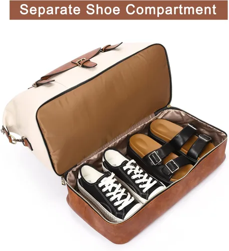 Vista 5 de CLUCI Bolsa de fin de semana para mujer, de cuero, grande, con compartimento para zapatos, Beige con marrón.