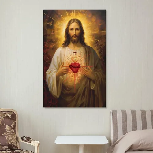 Vista 3 de Reccmeny Lienzo religioso del Sagrado Corazón de Jesús, cuadro de Cristo, arte de pared, pintura de Dios cristiano, foto para decoración de la sala