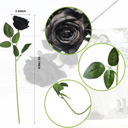 Vista 6 de Rosas artificiales negras, 12 piezas de rosas falsas a granel, ramo de rosas de seda realistas de tallo largo para centros de mesa, arreglos