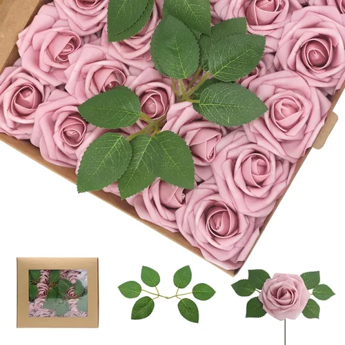 Vista 53 de 25 rosas realistas negras, flores artificiales de espuma de látex con tallos flexibles y 8 hojas para decoración de bodas, hogar y fiestas Negro