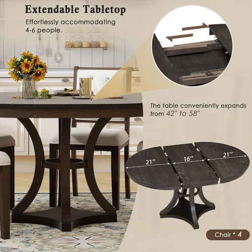 Vista 5 de Knocbel Juego de mesa extensible para 4-6, mesa de comedor redonda ovalada con 4 sillas tapizadas, juegos retro de 5 piezas con base de madera